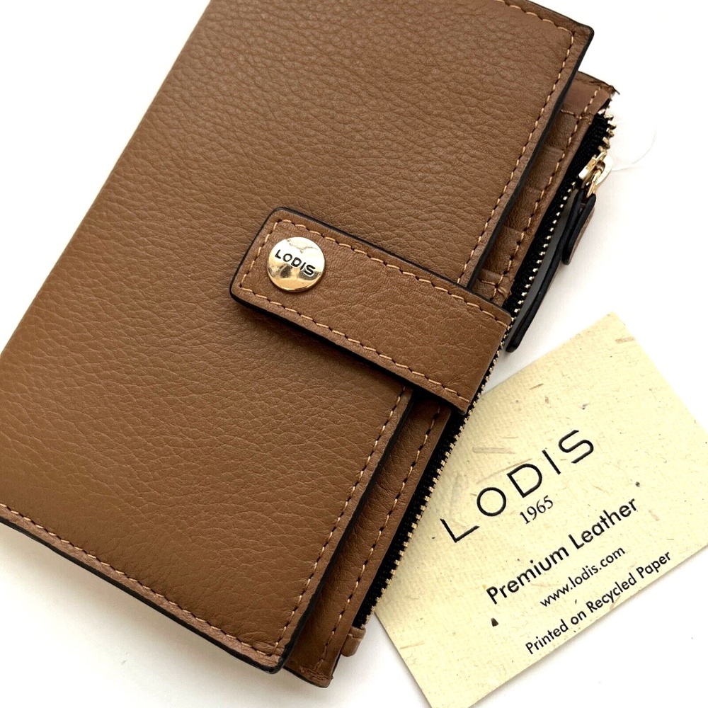 NWT Lodis Leather Bifold Wallet Caramel Brown ID Window Zip Pocket Card Holder